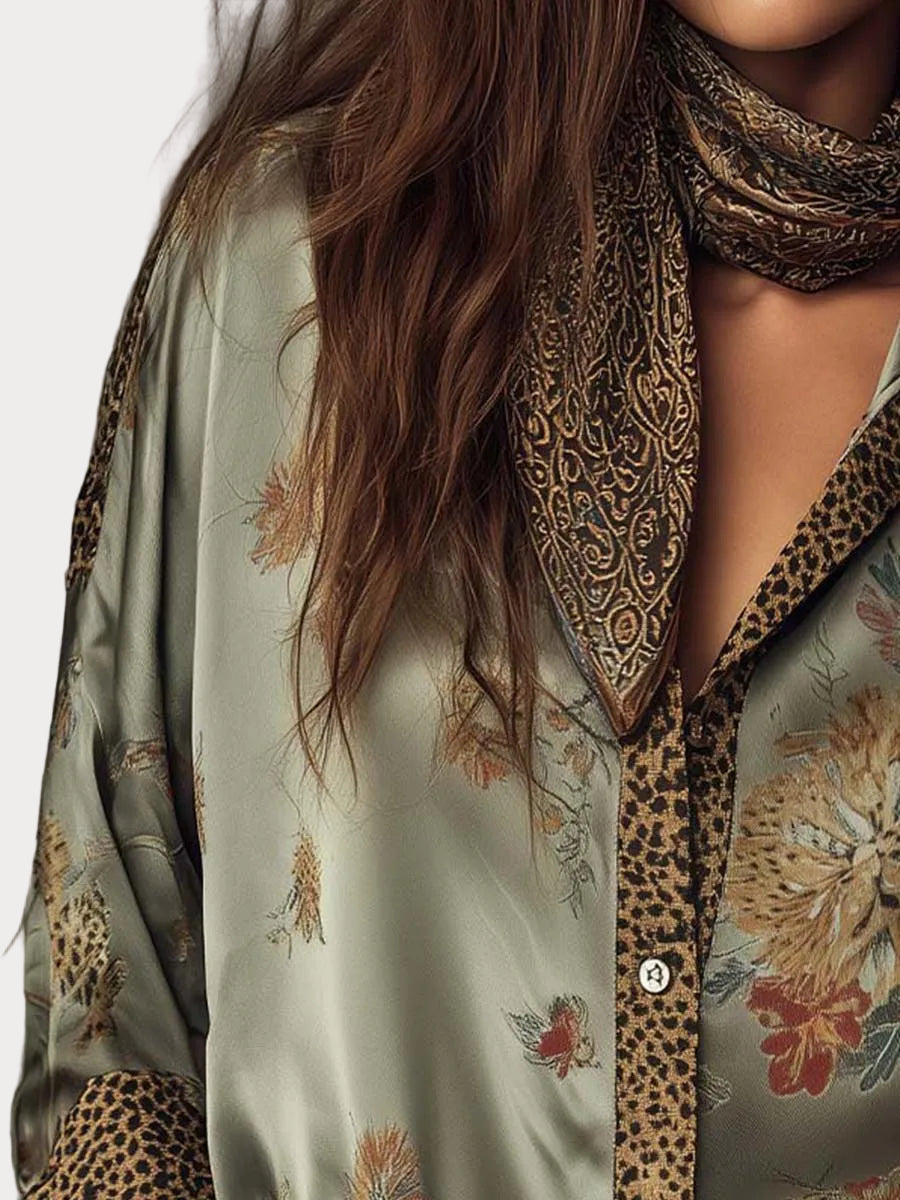 Cathrine | Satin Floral Shirt with Leopard Trim