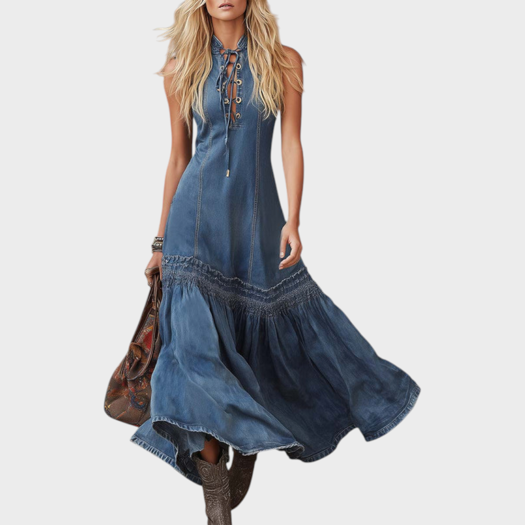 Estrella| Elegant Vintage Western Tie-neck Sleeveless Bubble Hem Blue Denim Maxi Dress