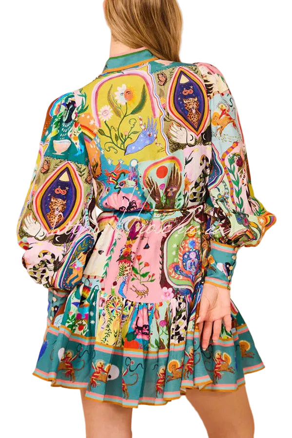 Tina - Luxury Unique Print Balloon Sleeve Button Shirt Mini Dress