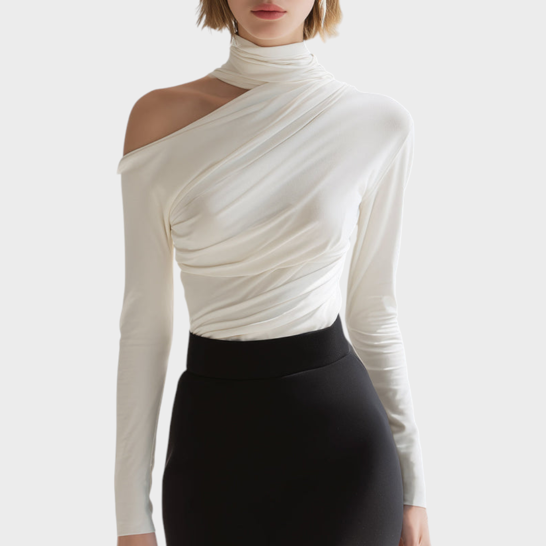 Carlie | Asymmetric Draped High-Neck Long Sleeve Top