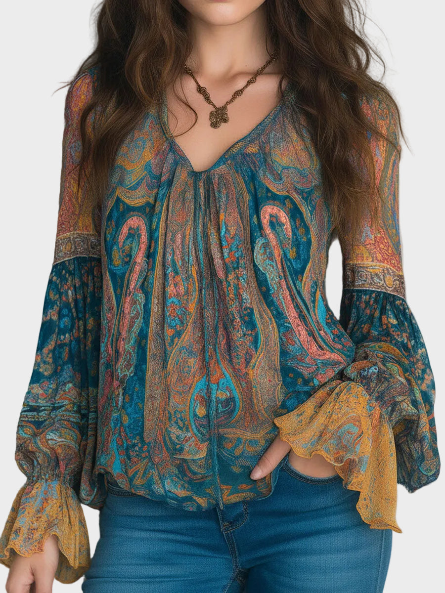 Alina | Bohemian Teal & Amber Paisley Chiffon Blouse With Ruffled Cuffs
