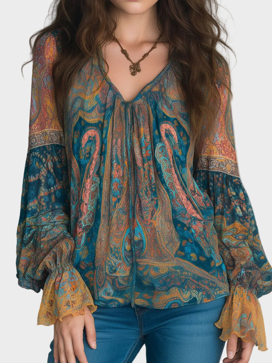 Alina | Bohemian Teal & Amber Paisley Chiffon Blouse With Ruffled Cuffs