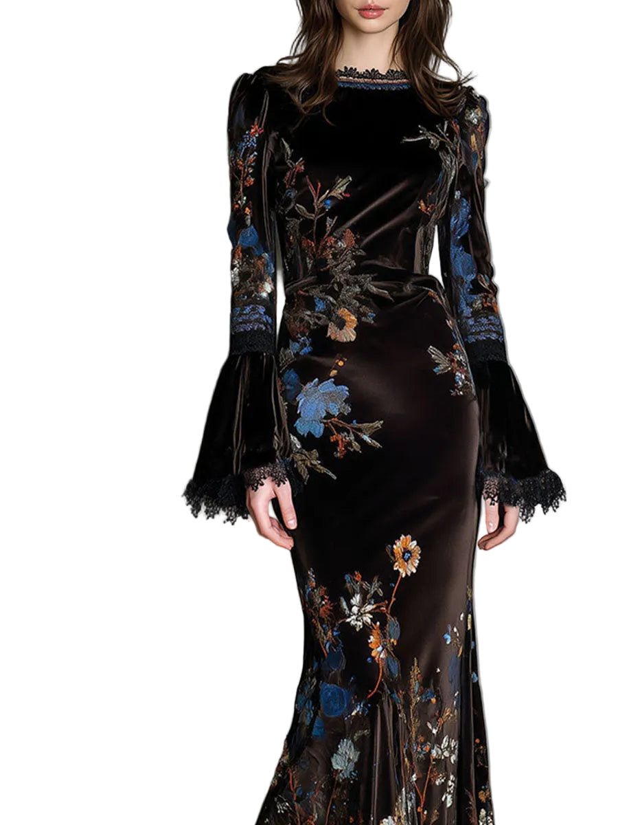 Jane | Elegance Midnight Velvet Floral Gown With Lace Trim