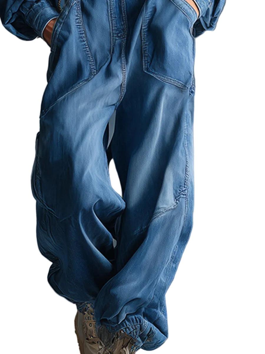 Priscilla - Casual Loose-fit Hooded Blue Denim Button-front Long-sleeved Jumpsuit