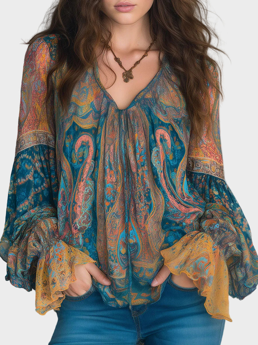 Alina | Bohemian Teal & Amber Paisley Chiffon Blouse With Ruffled Cuffs