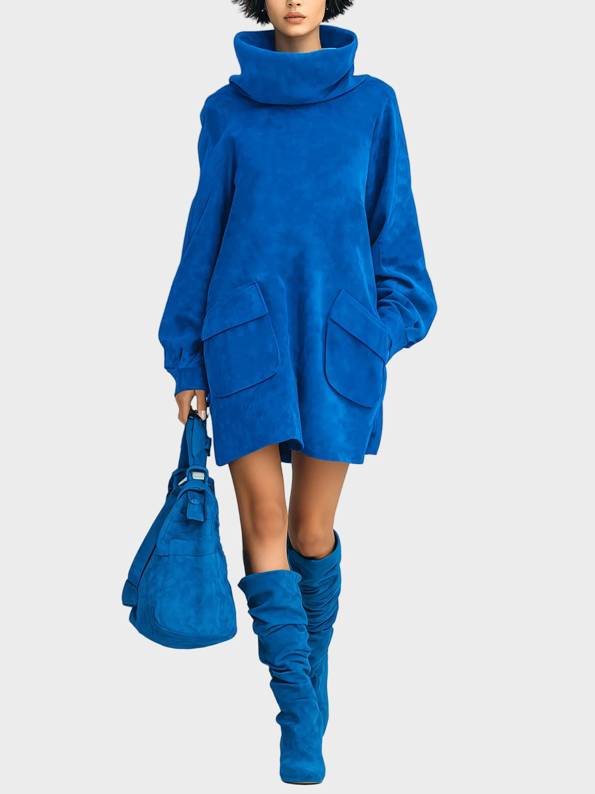 Meria | Elegant Royal Blue Mini Dress in Faux Suede with Oversized Turtleneck, Long Lantern Sleeves, and Patch Pockets