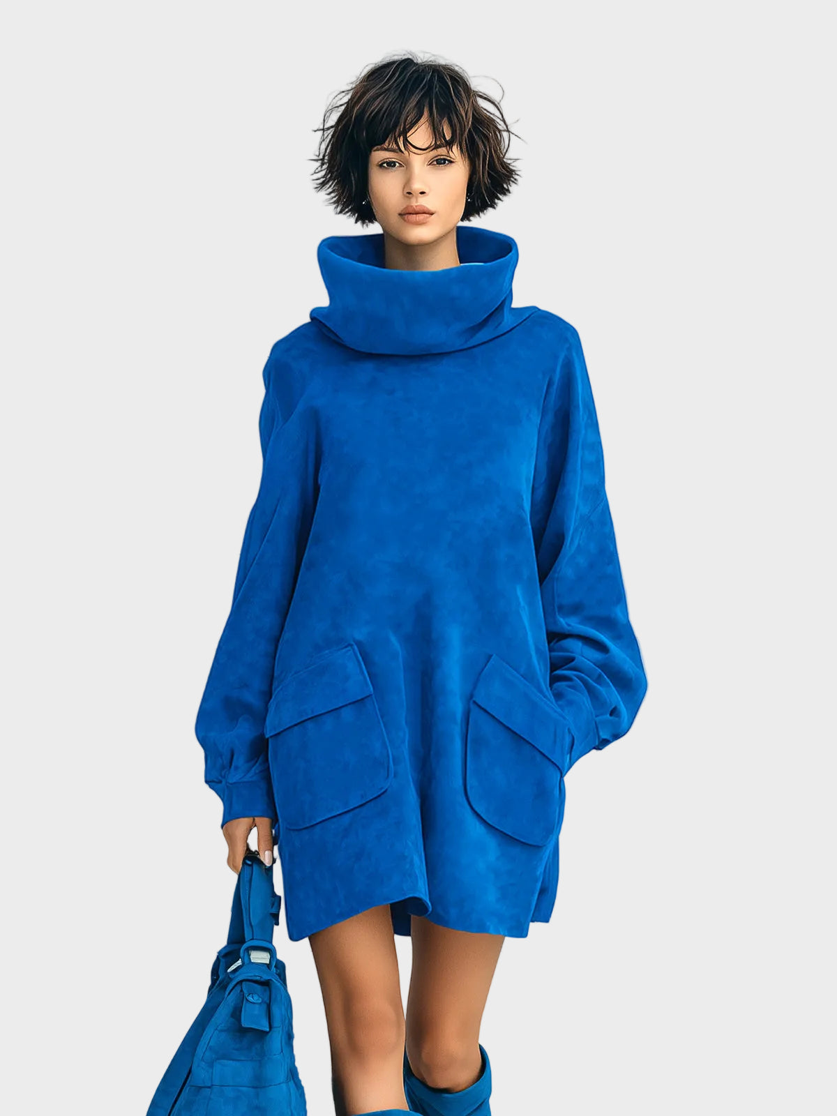 Meria | Elegant Royal Blue Mini Dress in Faux Suede with Oversized Turtleneck, Long Lantern Sleeves, and Patch Pockets
