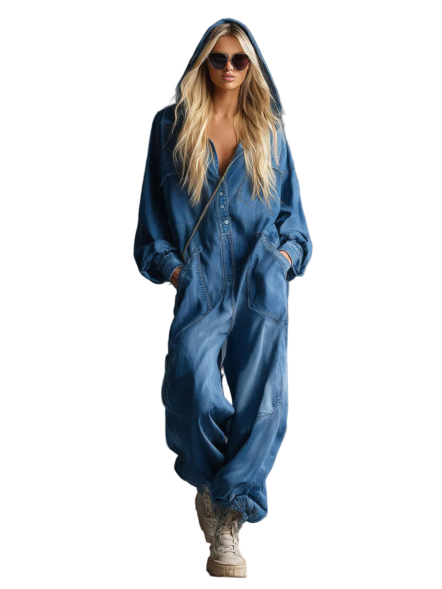 Priscilla - Casual Loose-fit Hooded Blue Denim Button-front Long-sleeved Jumpsuit