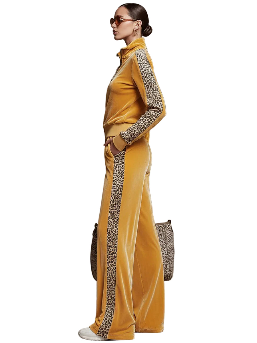 Coleen | Casual Sporty Retro Leopard Print Trim Yellow Velvet Sweatshirt Wide-Leg Pants Set