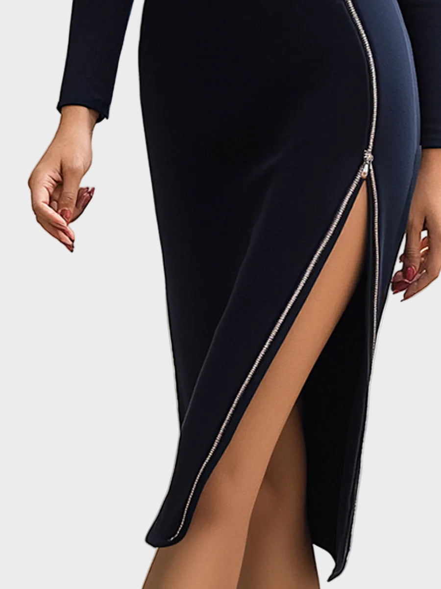Alyanna | Asymmetric Zip-Detail Long Sleeve Midi Dress
