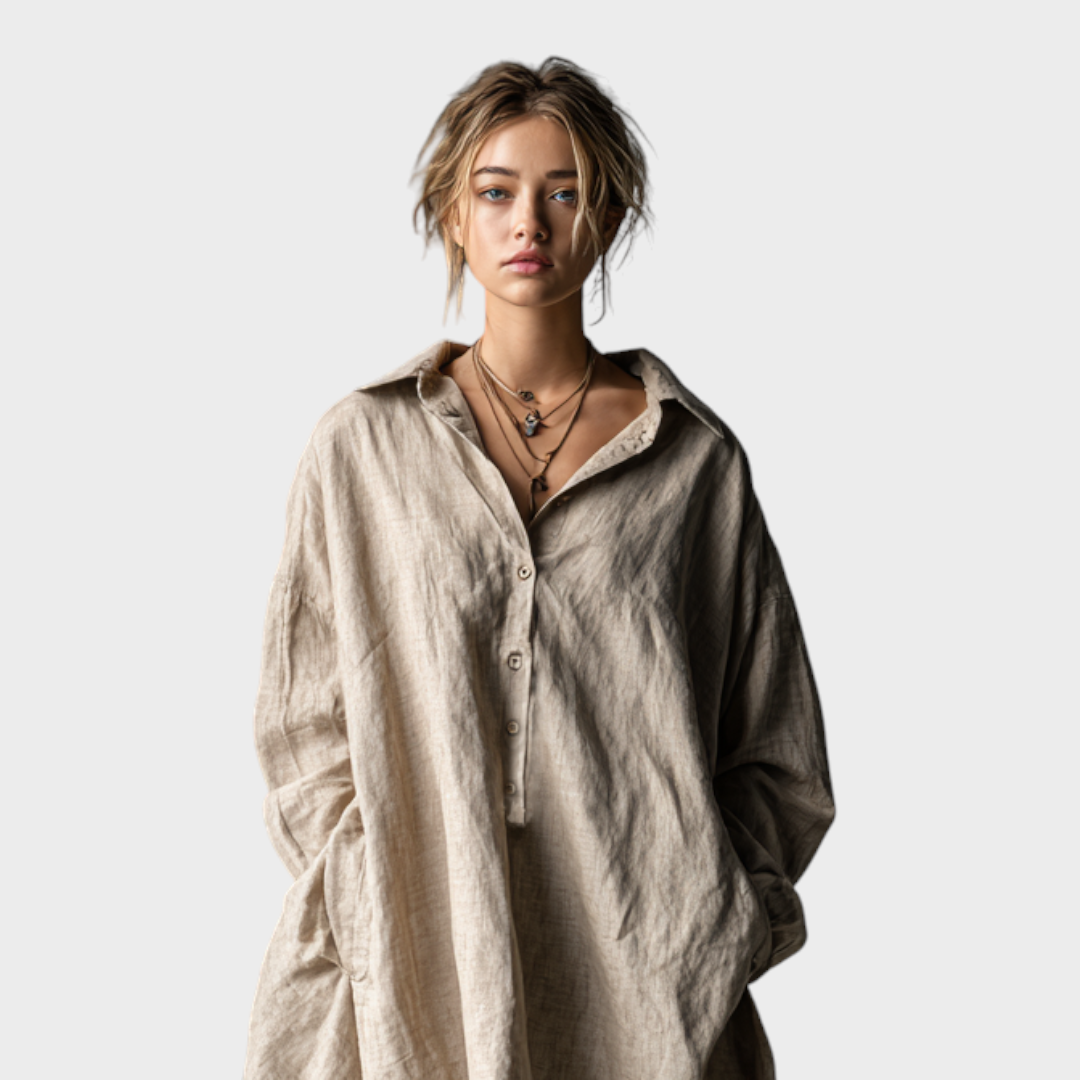 Laurice | Women's Fashion Loose Cotton And Linen Button Lapel Mini Dress MDA1854H2Y