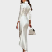 Blanca | Women's White Satin Dress Wrap V Neck 3/4 Sleeve High Low Bodycon Maxi Dress