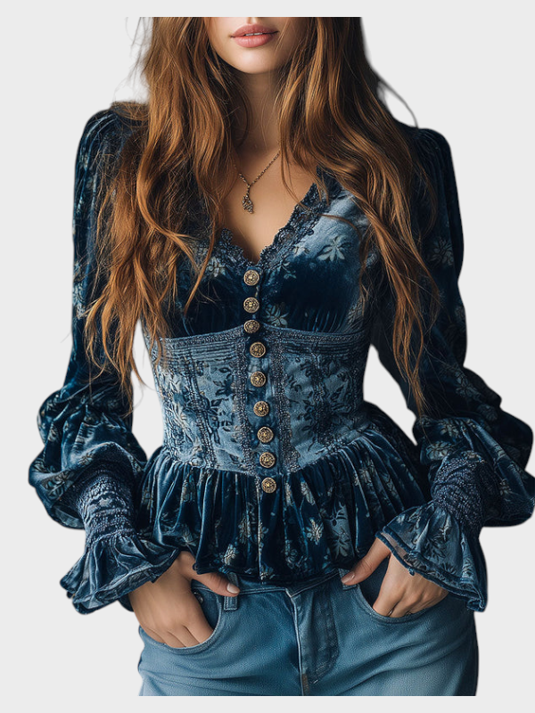 Marilena | Vintage Blue Velvet Blouse with Flowers in Corset Style