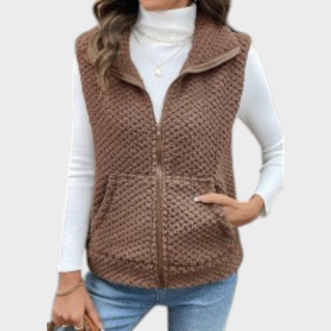 Klarisse | Sleeveless jacket with curved collar and kangaroo pocket in dark brown