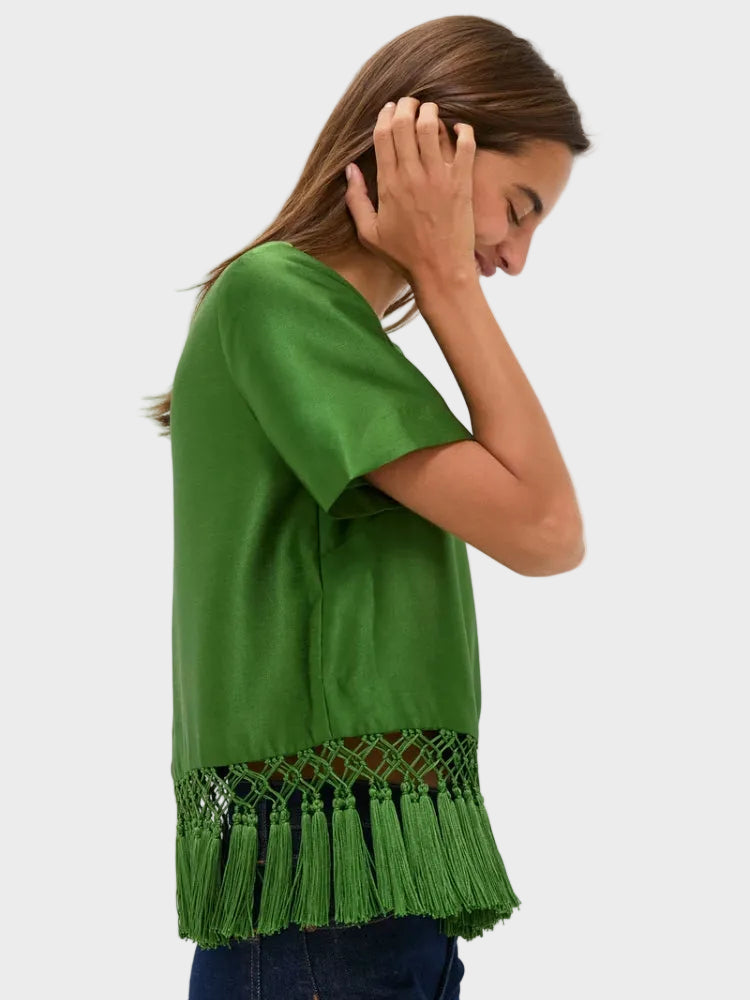 Rylie | Green Satin Fringe Top