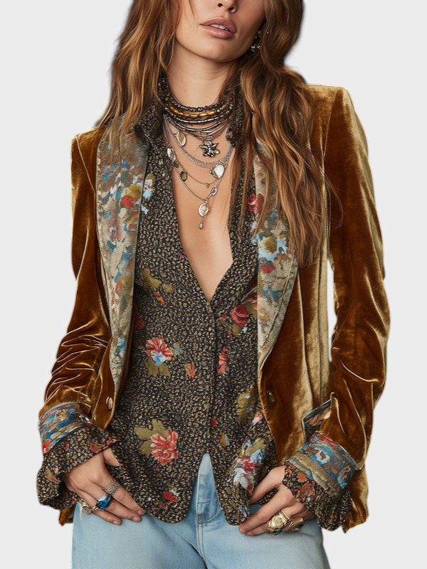 Kerstin | Vintage Handle Polyester Velvet Floral Print Patch Blazer