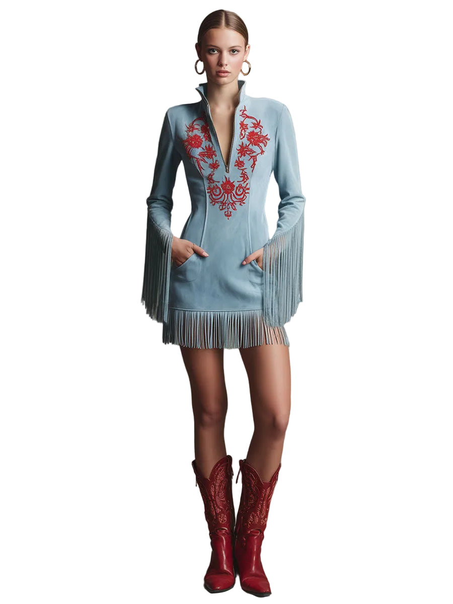 Astrid | Western Retro Red Embroidered Blue Faux Suede Long-Sleeved Tassel Mini Dress