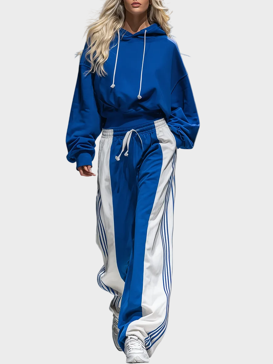 Tiana | Retro Sporty Hoodie And Striped Wide-leg Pants Set