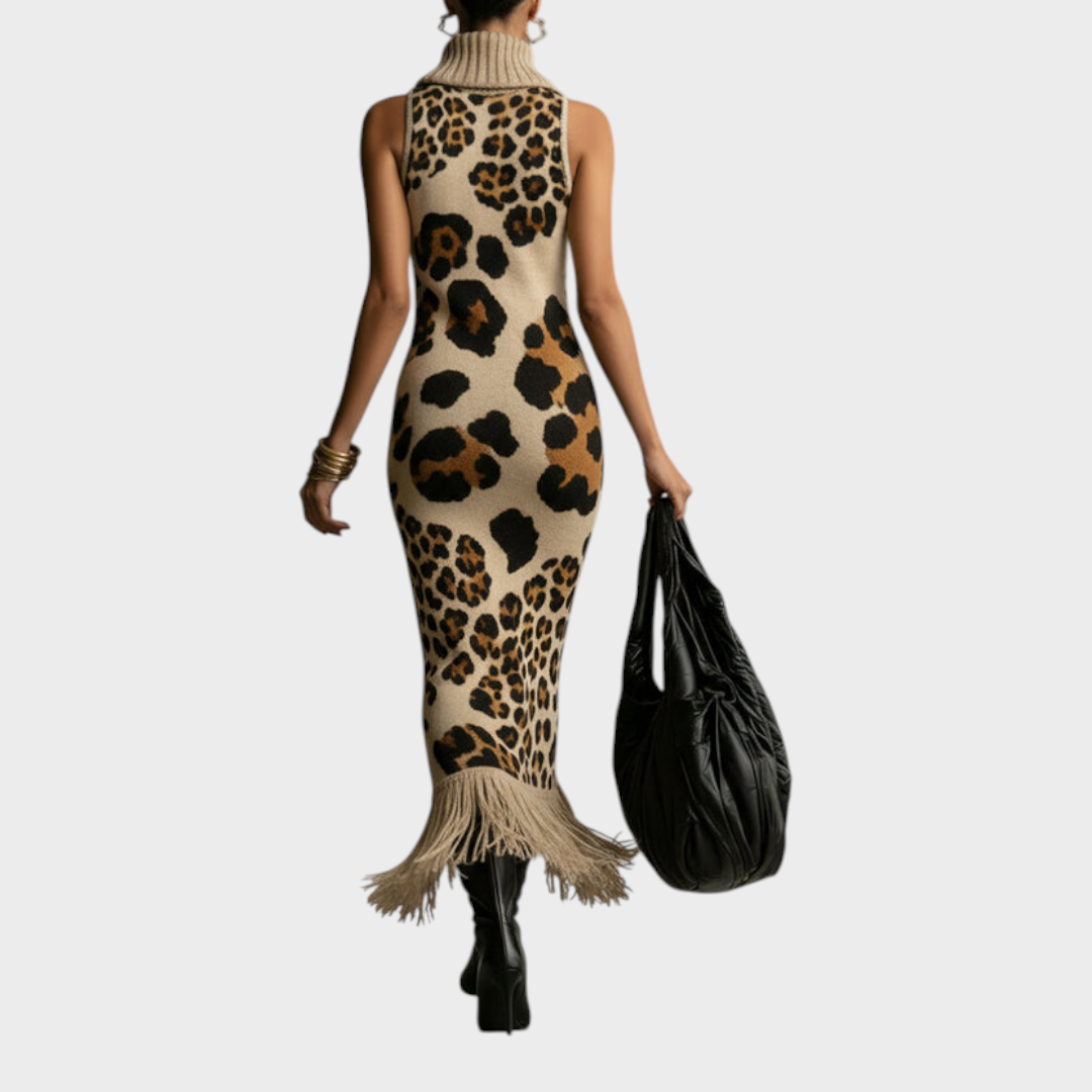 Shannon | Brown Irregular Leopard Print Knit Maxi Dress