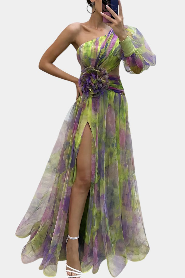 Amelie Asymmetric One-Shoulder Maxi Dress with Artistic Design
