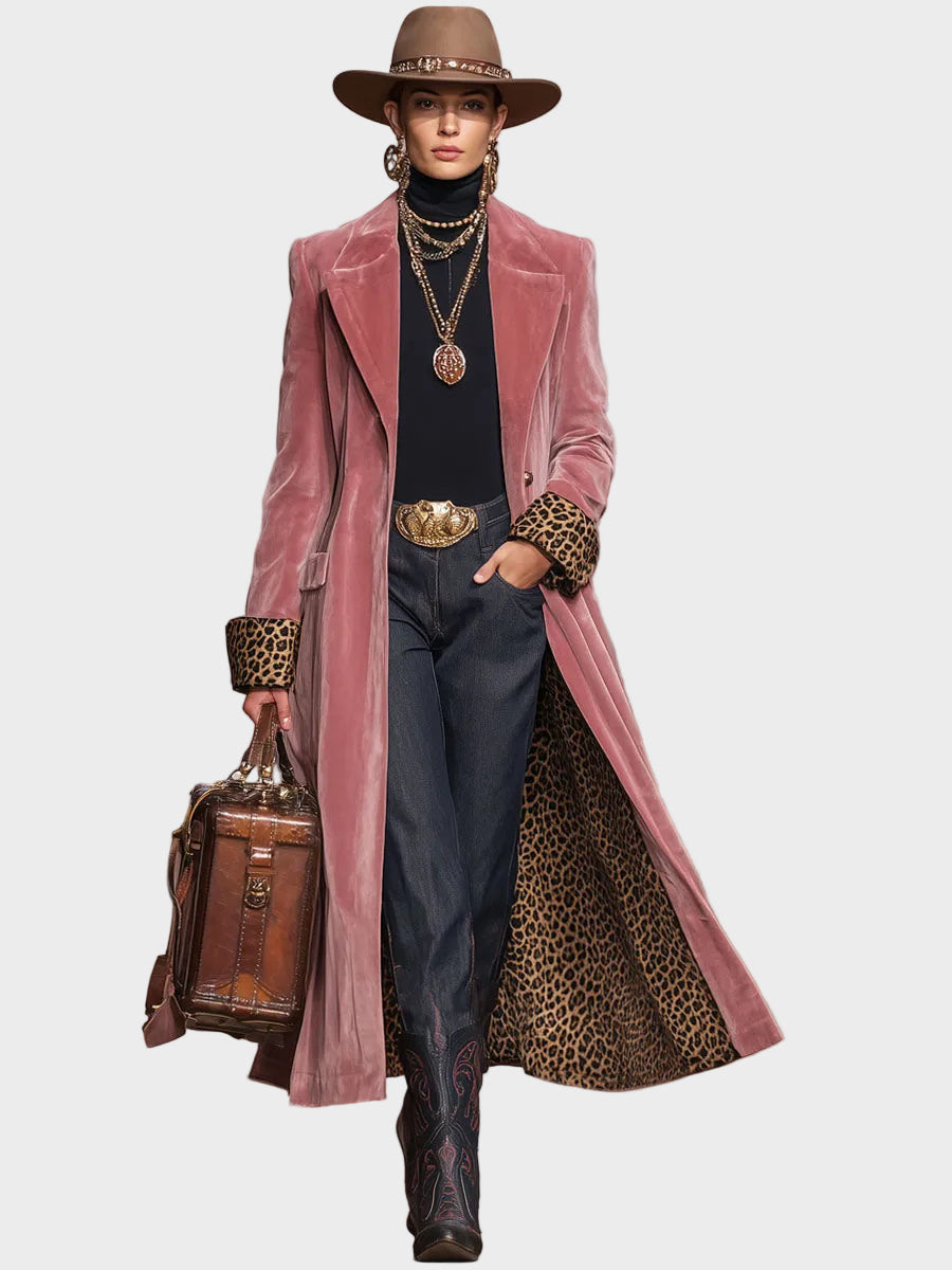 Sonia |Velvet Single-Breasted Coat with Lapel and Leopard Print