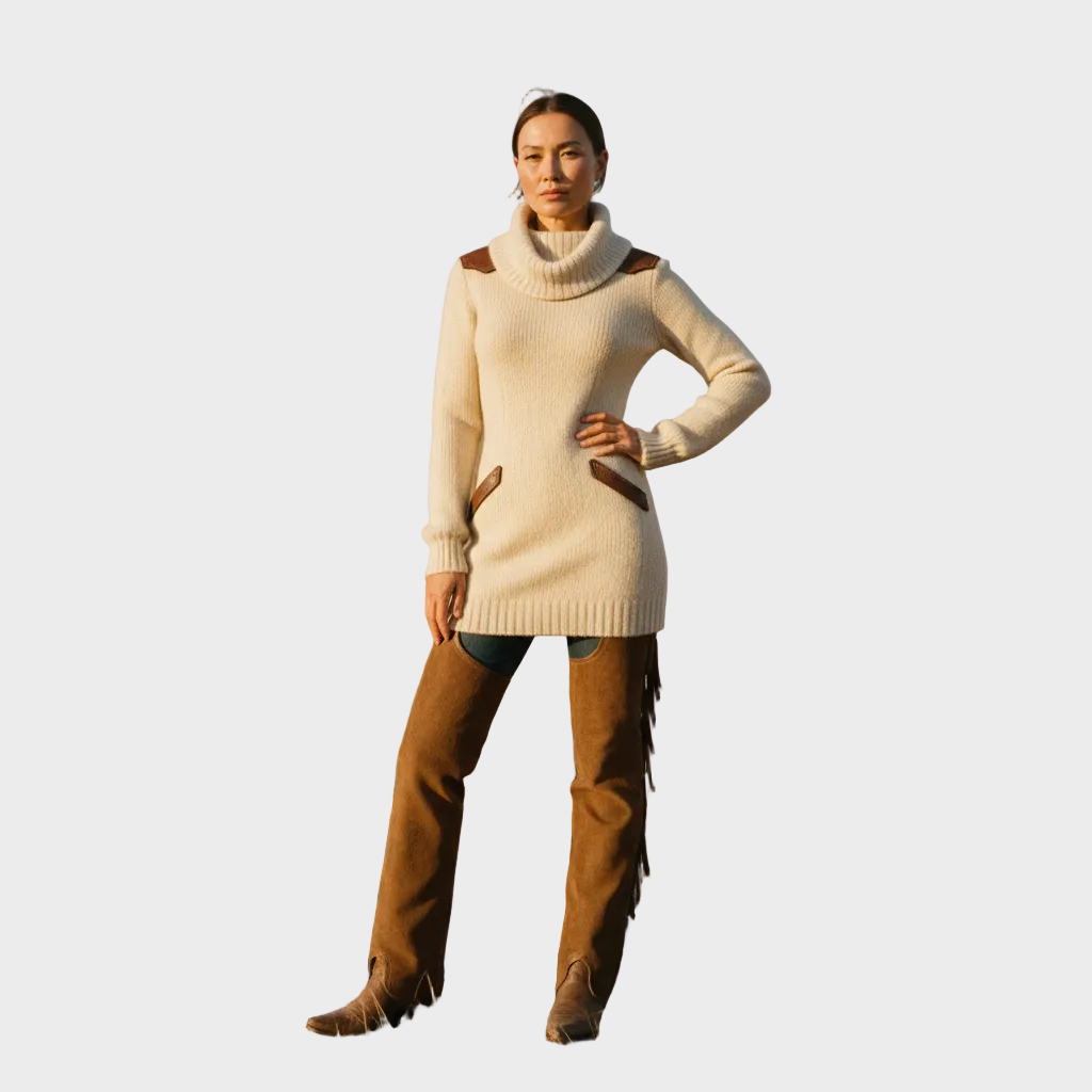 Saline | Women's Vintage Cream Knit Dress with Turtleneck and Leather Details