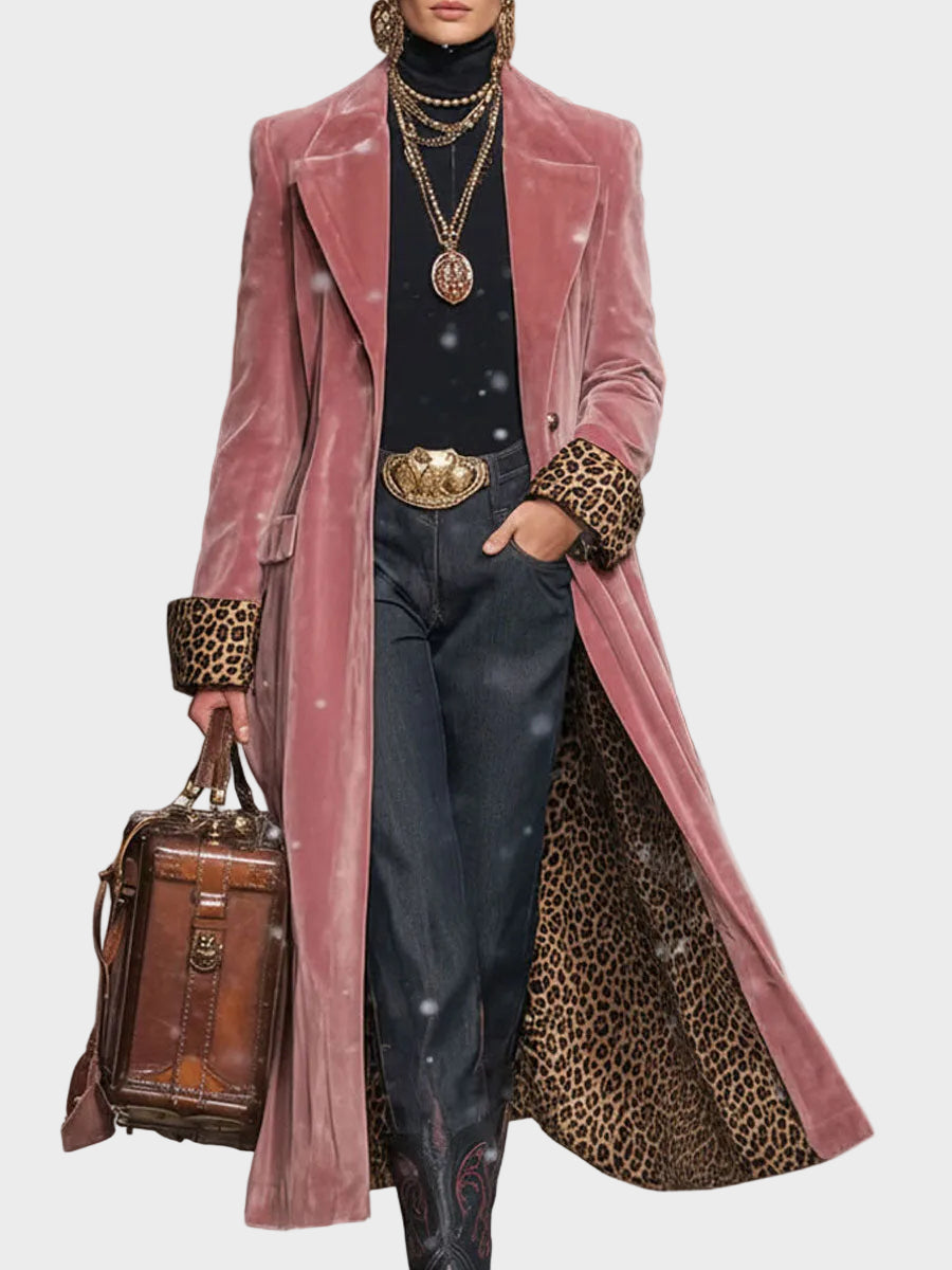 Sonia |Velvet Single-Breasted Coat with Lapel and Leopard Print