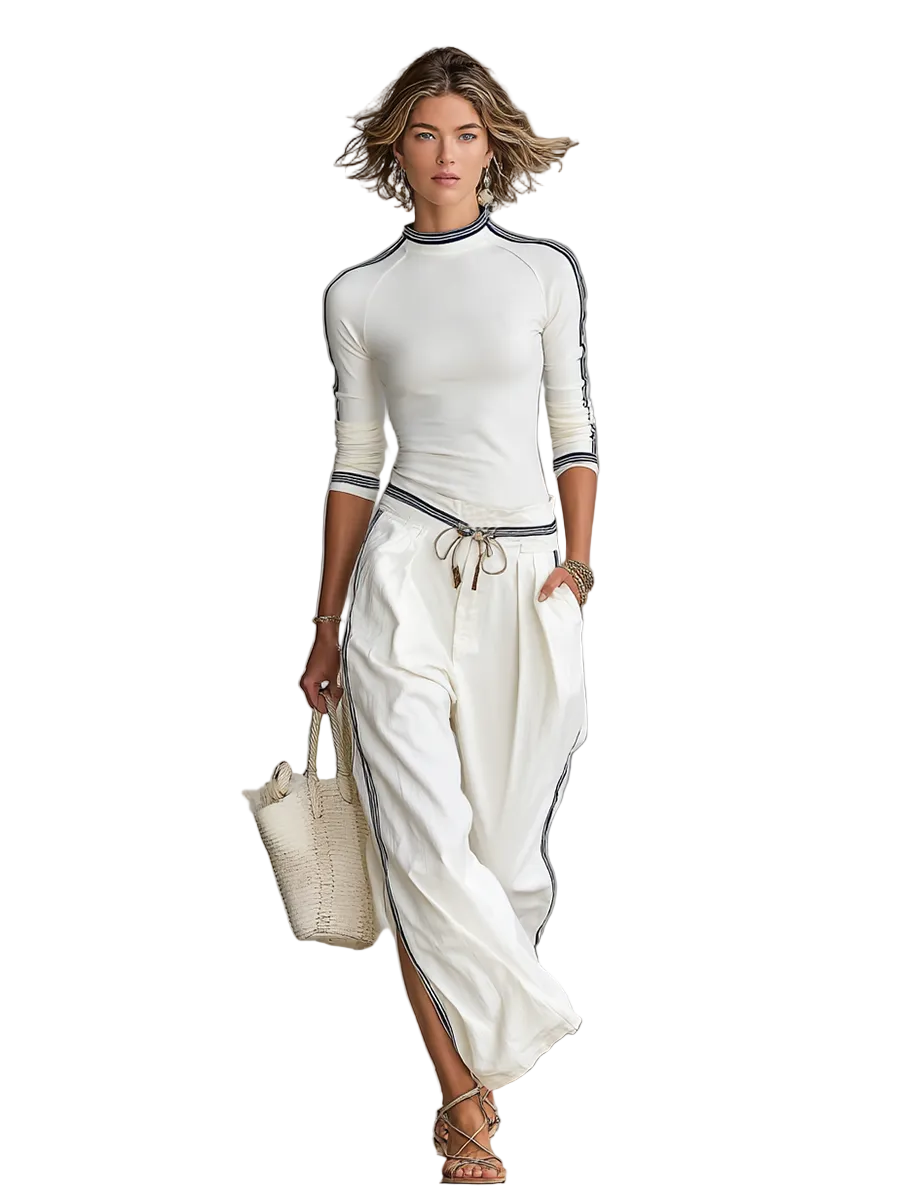 Diya - Women's Sports Half-high-neck Long-sleeved T-shirt Drawstring Wide-leg Pants Two-piece Set