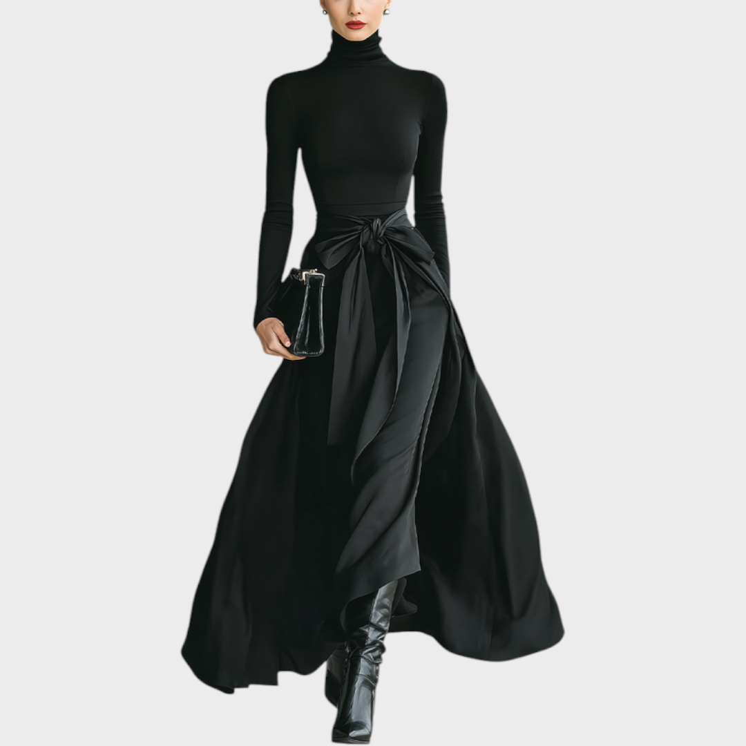 Hellen | Women's Black High-Neck High-Stretch Knitted And Satin Flared Maxi Dress