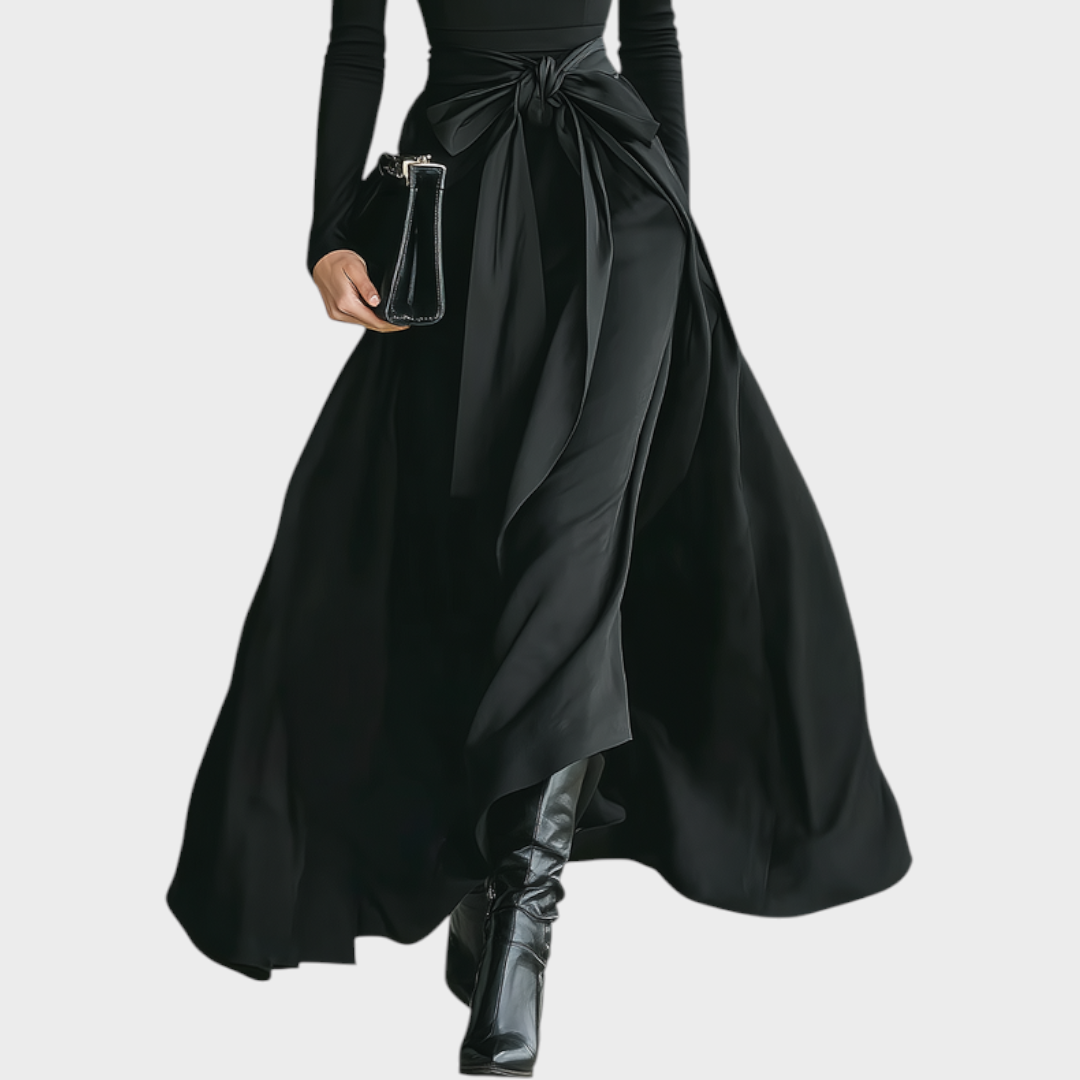 Hellen | Women's Black High-Neck High-Stretch Knitted And Satin Flared Maxi Dress