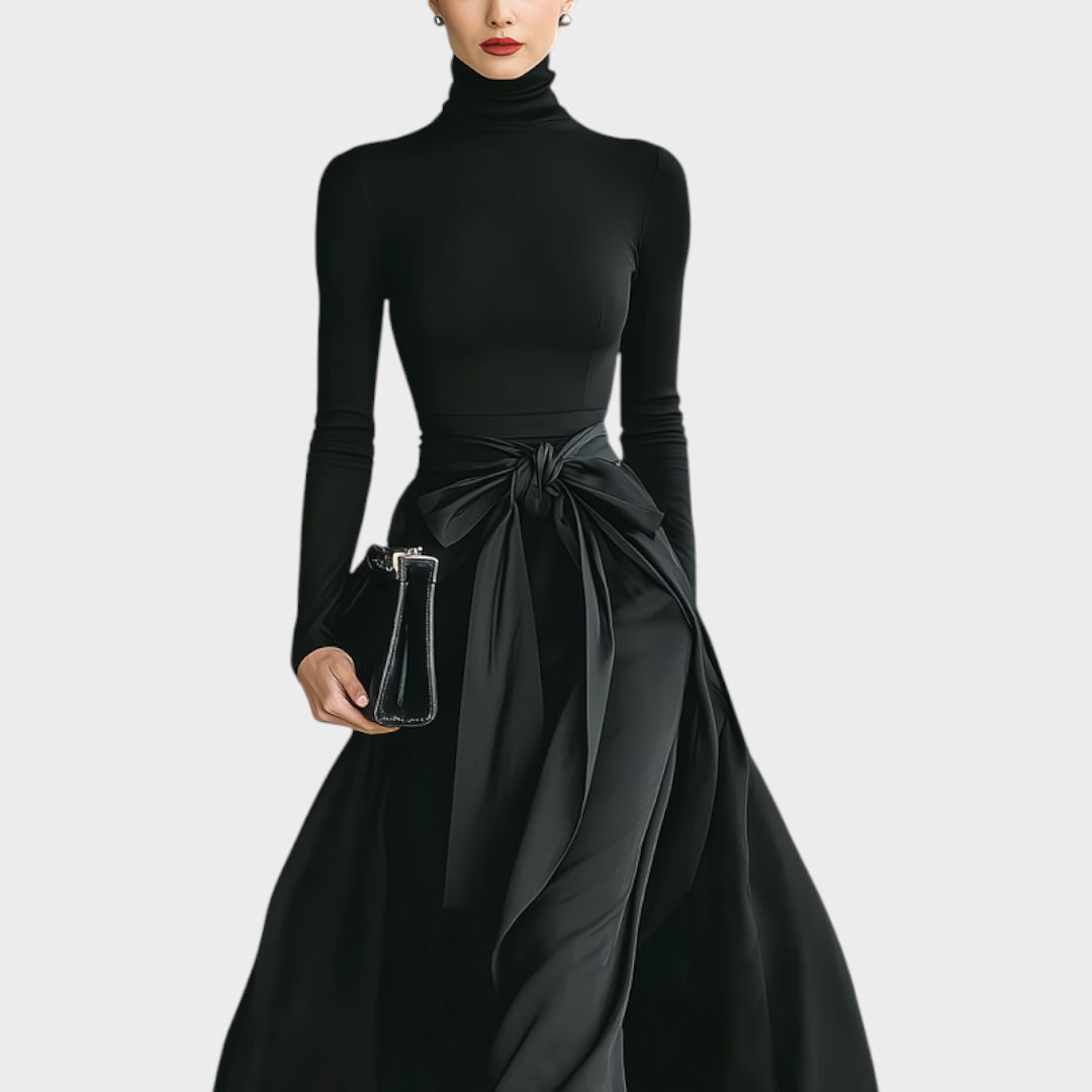 Hellen | Women's Black High-Neck High-Stretch Knitted And Satin Flared Maxi Dress