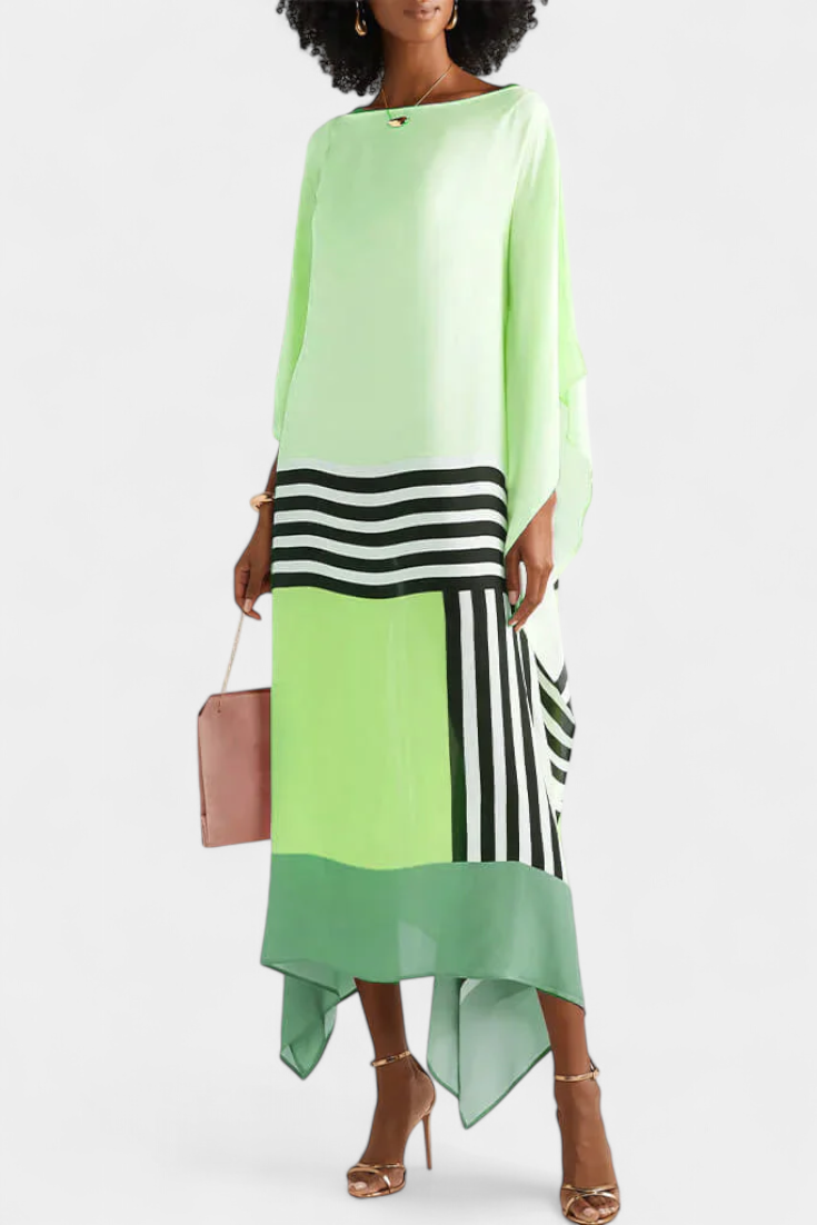 Elenora Kaftan with Geometric Pattern, Wide Line and Butterfly Mesh Fabric