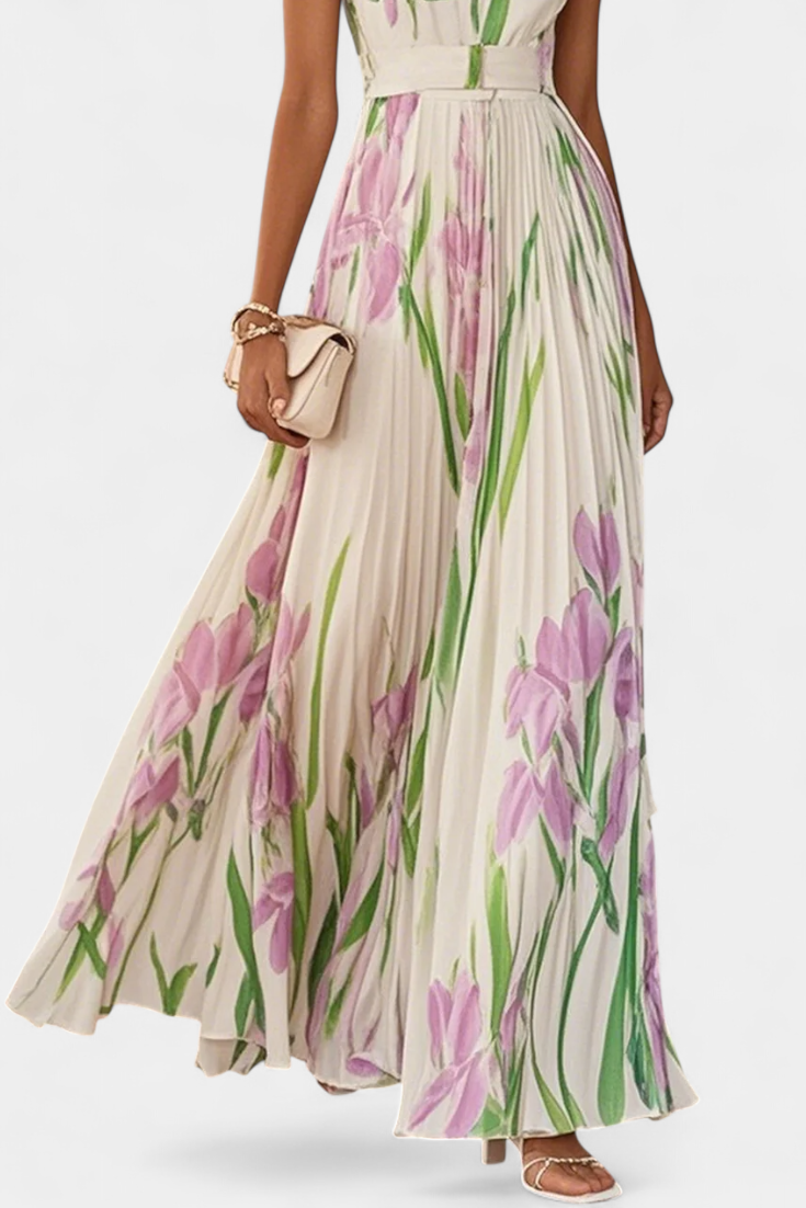 Kalanthi Long Pleated Dress with Floral Pattern and Square Neckline