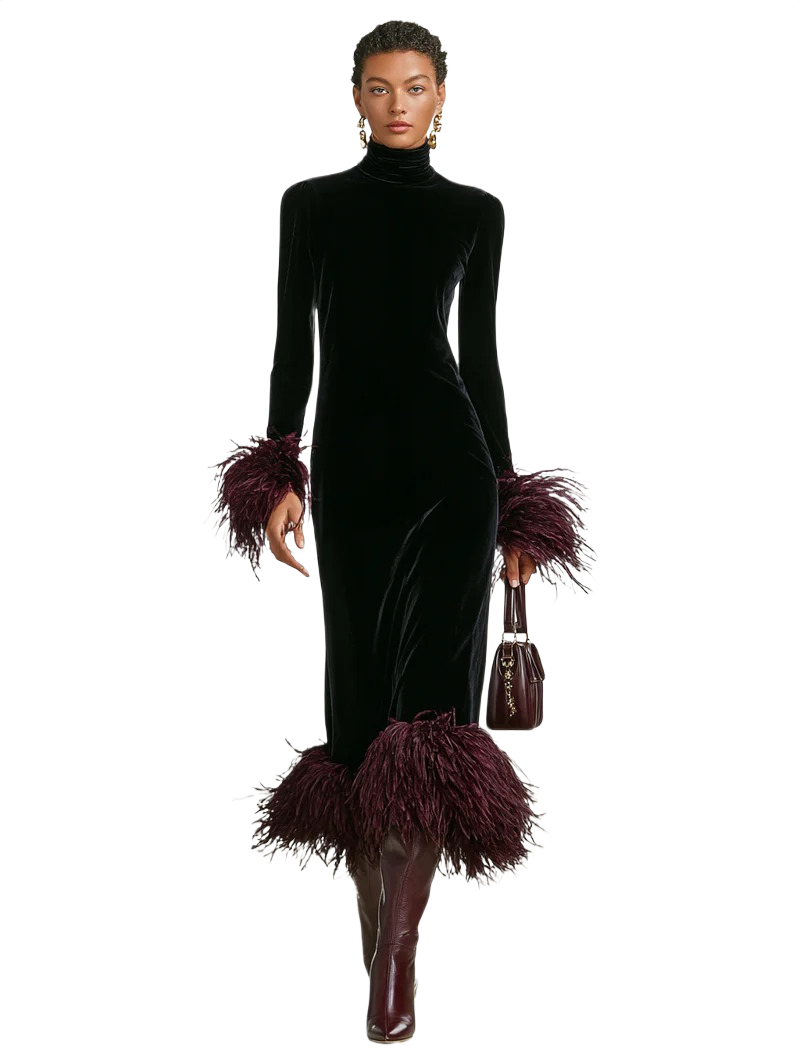 Anna - Women's Minimalist Velvet Patchwork Faux Ostrich Feather Cuffs And Hem Maxi Dress