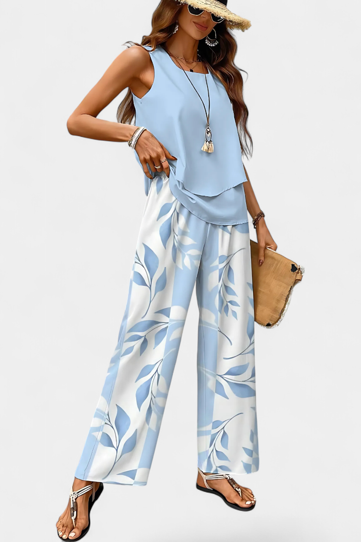 Martina Elegant Boho Sleeveless Set with Patterned Straight Pants