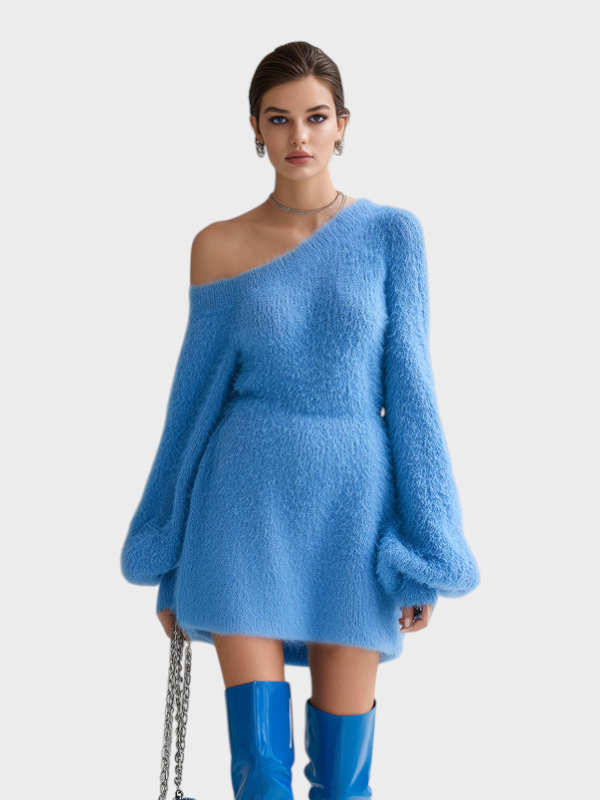 Lucy | ElevenOra Chic Elegant Blue Mini Dress With One Shoulder Long Puff Sleeve A-Line