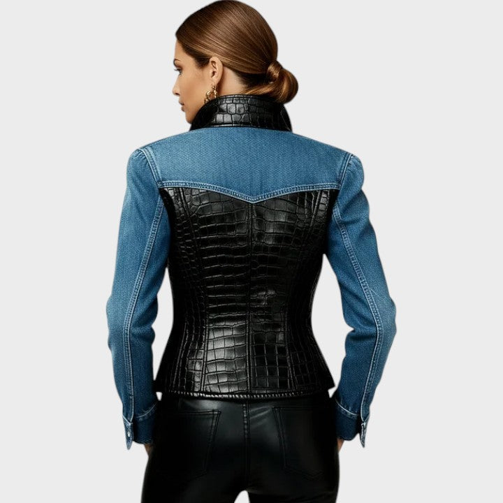 Eveline | Women's Black Leather Jacket Made of Knitted Croc PU With Patchwork Pattern With Long Sleeves And Zipper