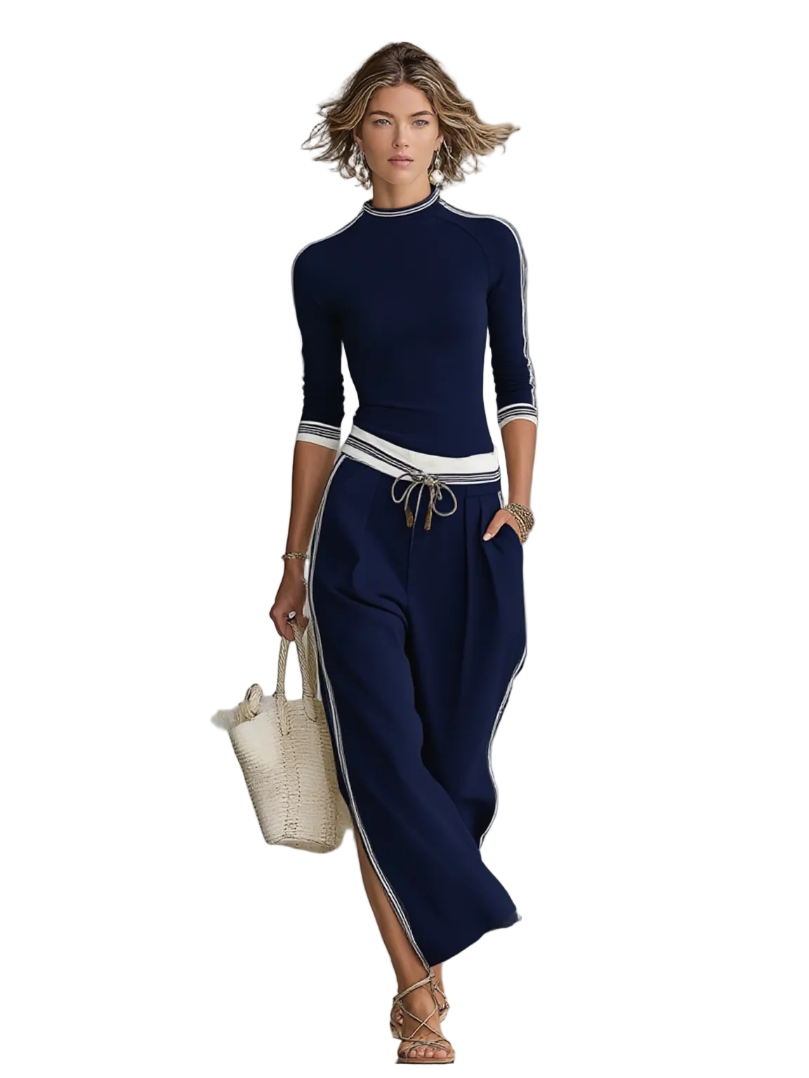 Diya - Women's Sports Half-high-neck Long-sleeved T-shirt Drawstring Wide-leg Pants Two-piece Set