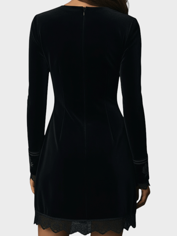 Naia | Retro Black Velvet Lace Embellished Mini Dress