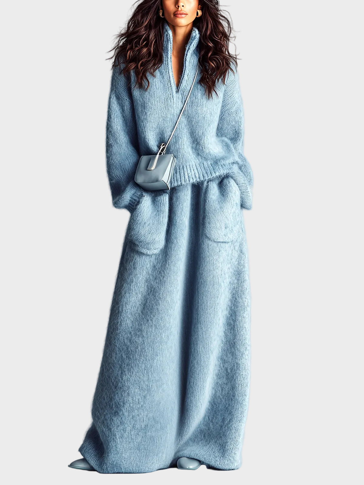 Rosie - Chic and elegant blue two-piece set with a knitted sweater with a stand-up collar, V-neck, long sleeves and a loose fit, and a maxi skirt with a pocket and fluffy knit