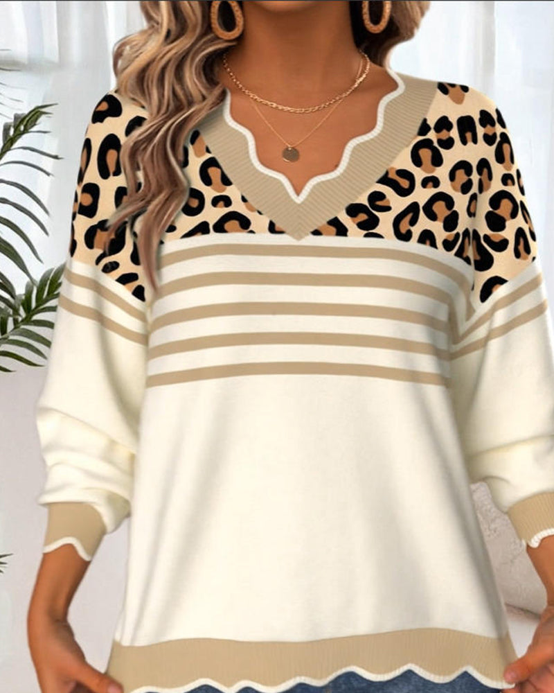 knitted V-neck sweater with contrast and leopard print