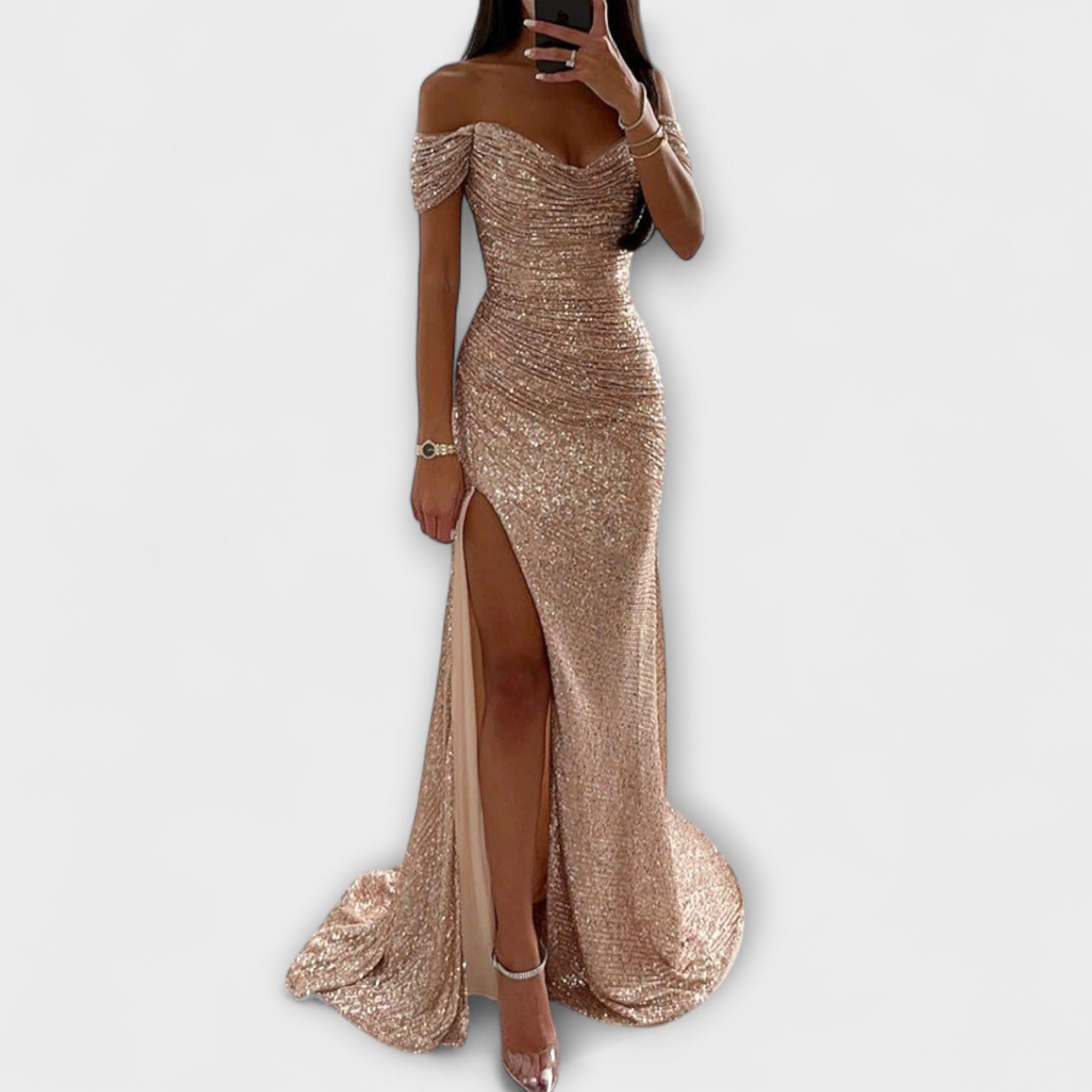 Letní večerní šaty — maxi šaty bez ramínek s třpytkami a volánky na svatby a večírky