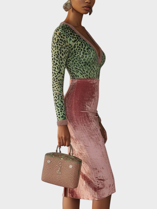 Regitze | Pink Velvet Bodycon Dress With Patchwork Straps And Leopard Pattern