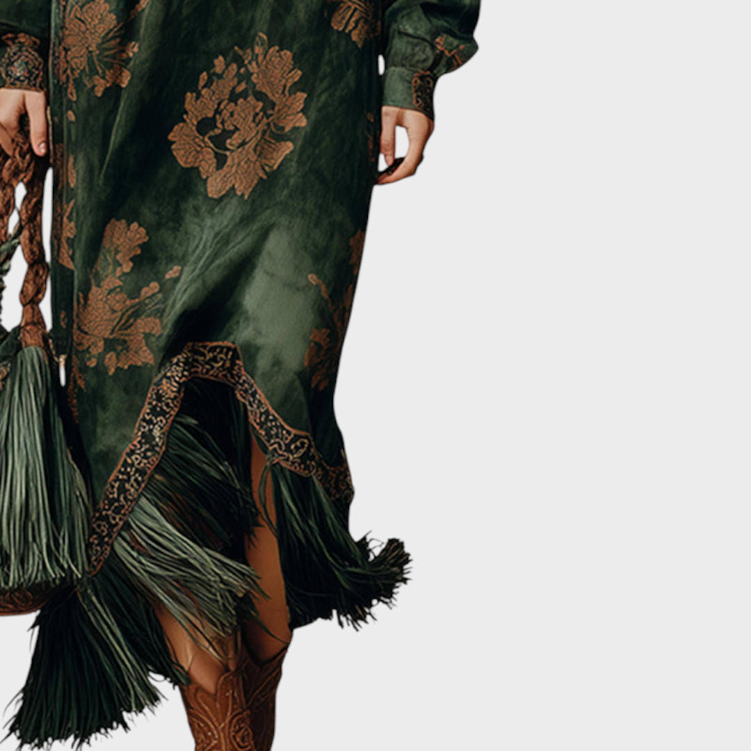 Makayla | Retro Silhouette Printed Green Faux Suede Maxi Dress