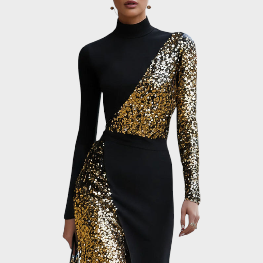 Jemaica | Elegant Black And Gold Maxi Dress With Rhinestones And High Neck