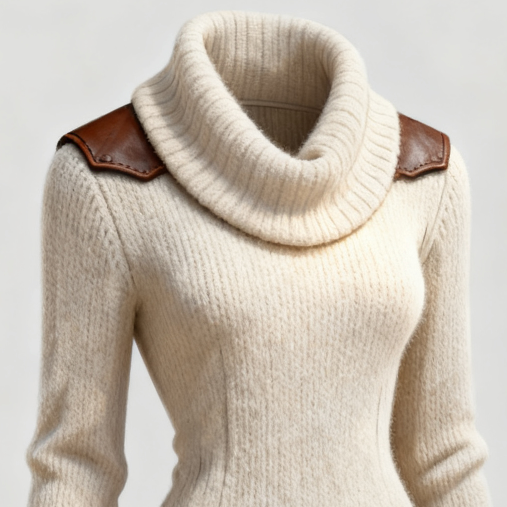 Saline | Women's Vintage Cream Knit Dress with Turtleneck and Leather Details