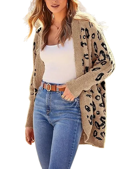 Faye - Leopard Cardigan for Women Long Sleeve Open Front Cardigans Sweaters Pockets Loose Knit