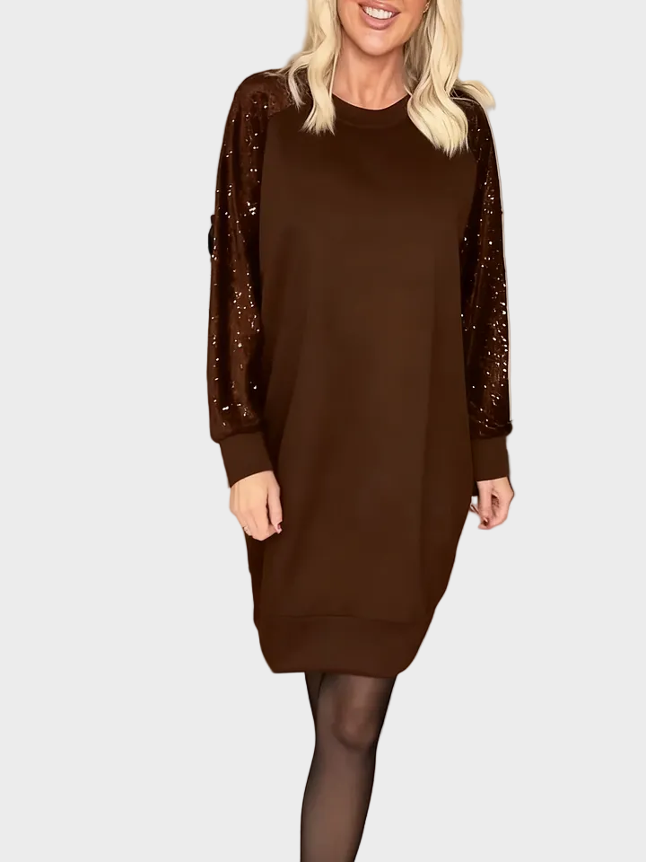Cunningham - Dress with Round Neckline, Long Sleeves, and Sequins