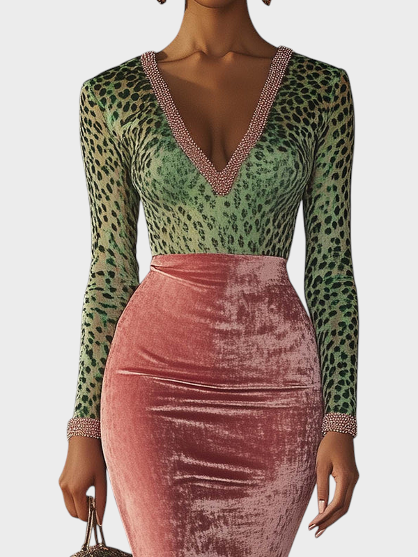 Regitze | Pink Velvet Bodycon Dress With Patchwork Straps And Leopard Pattern