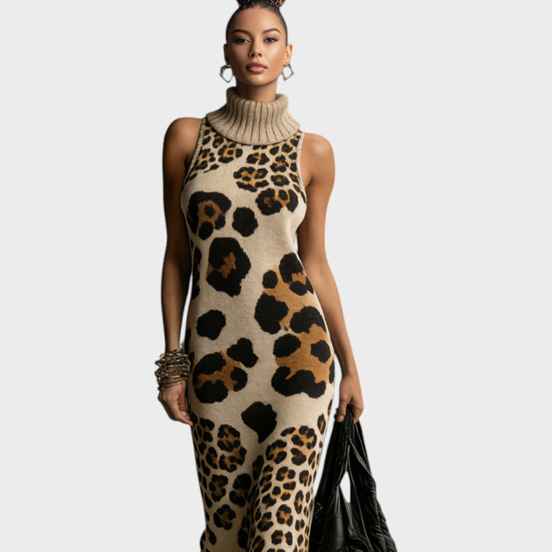 Shannon | Brown Irregular Leopard Print Knit Maxi Dress